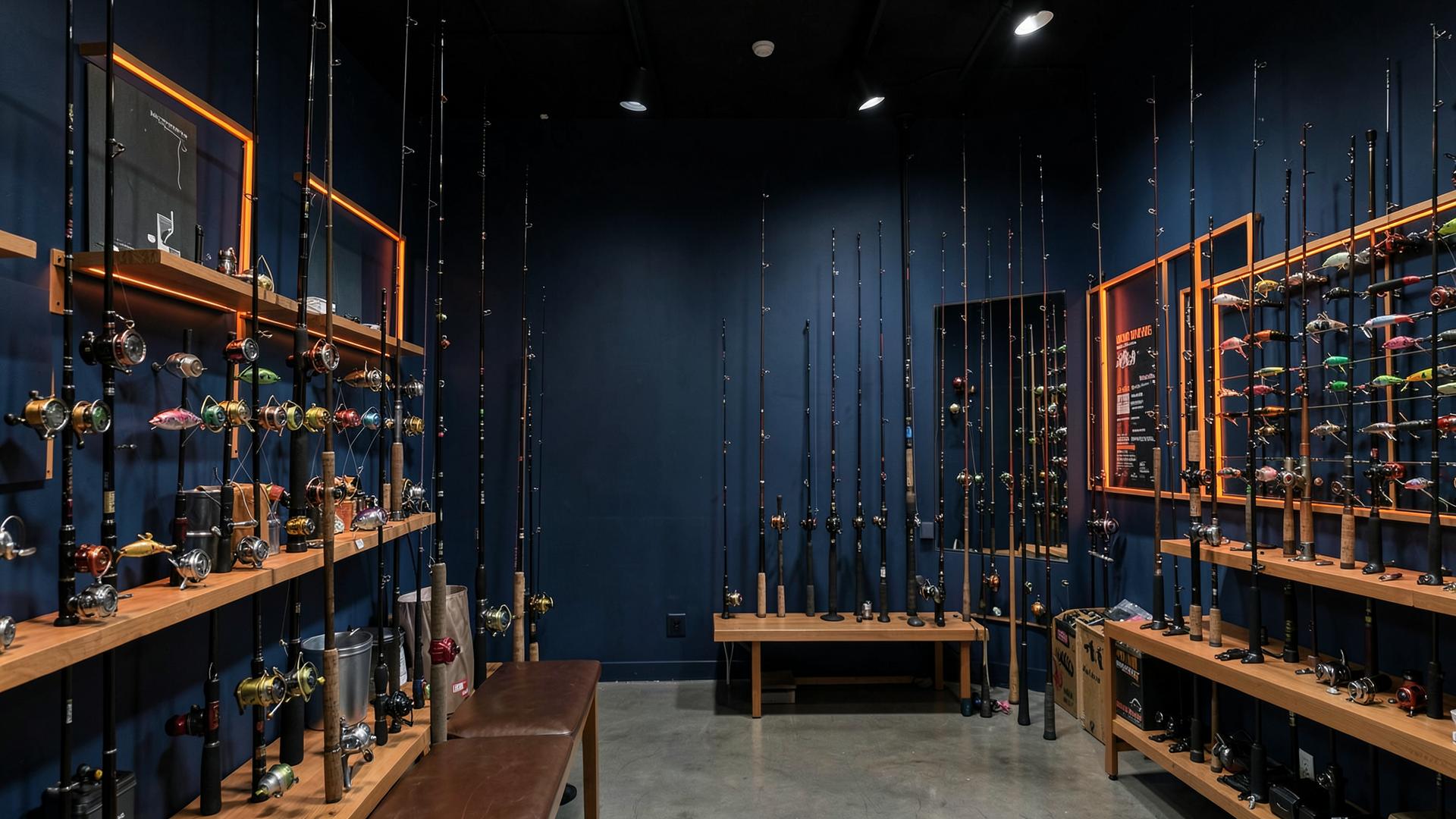 Fishing rods and reels arranged inside a premium tackle shop
