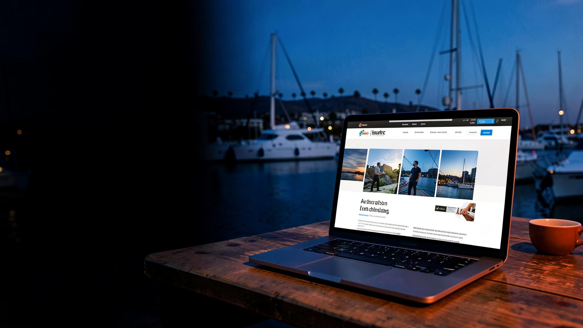 A founder website displayed on a laptop beside a marina at blue hour