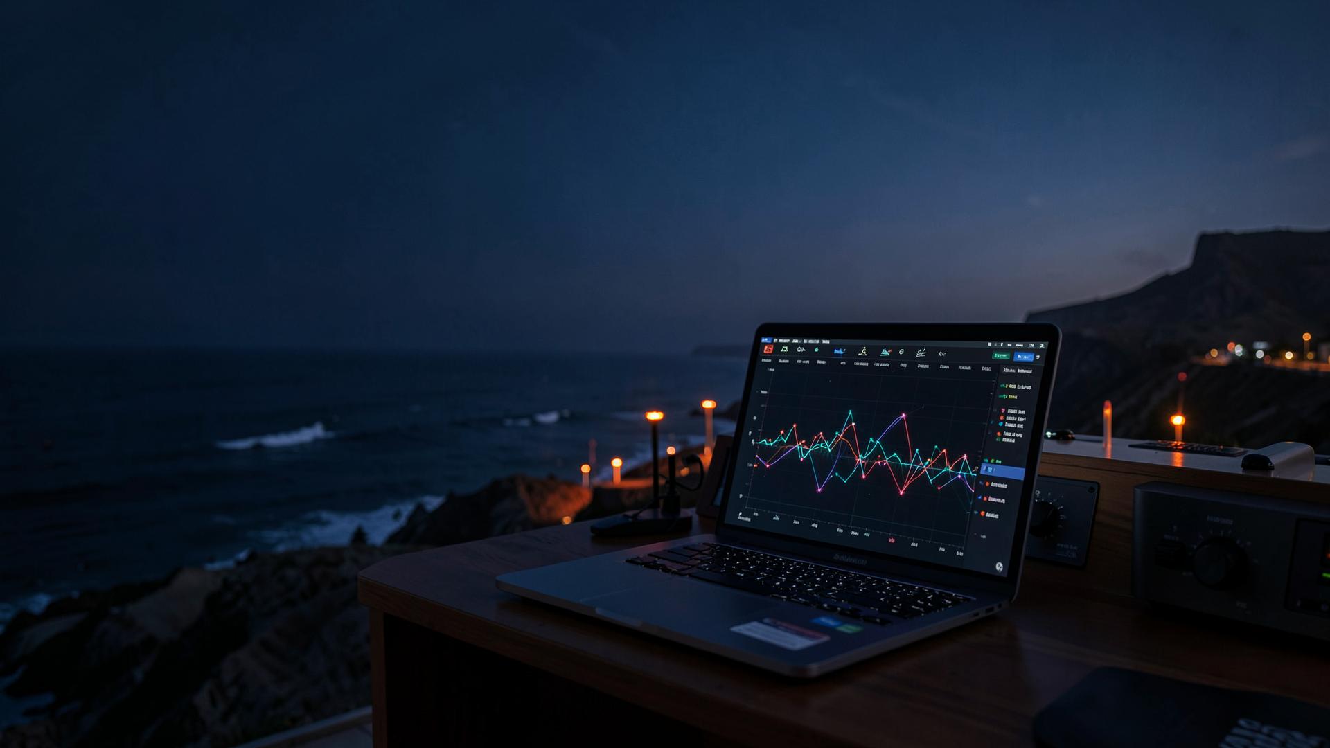 A digital performance signal displayed above the Pacific coast
