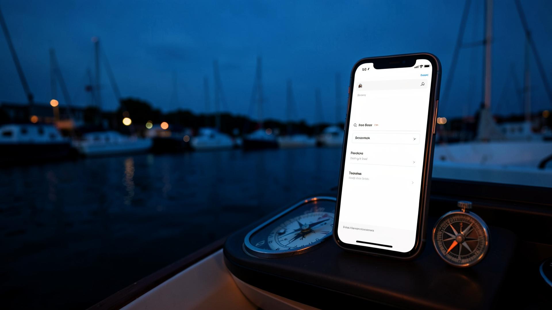 A mobile booking screen beside a compass at a marina