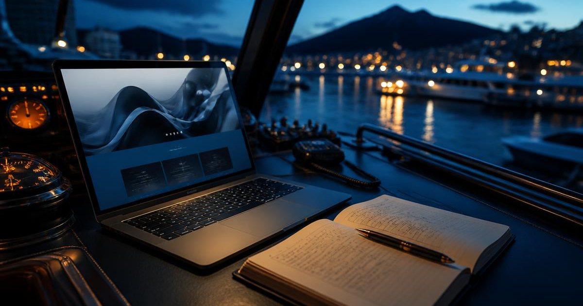 Laptop and copywriting notebook at a harbor boat helm
