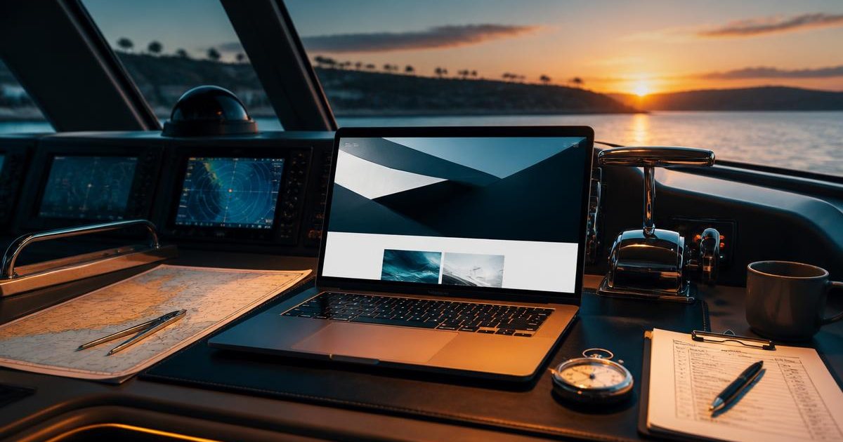 Laptop and launch checklist at a boat helm during sunrise